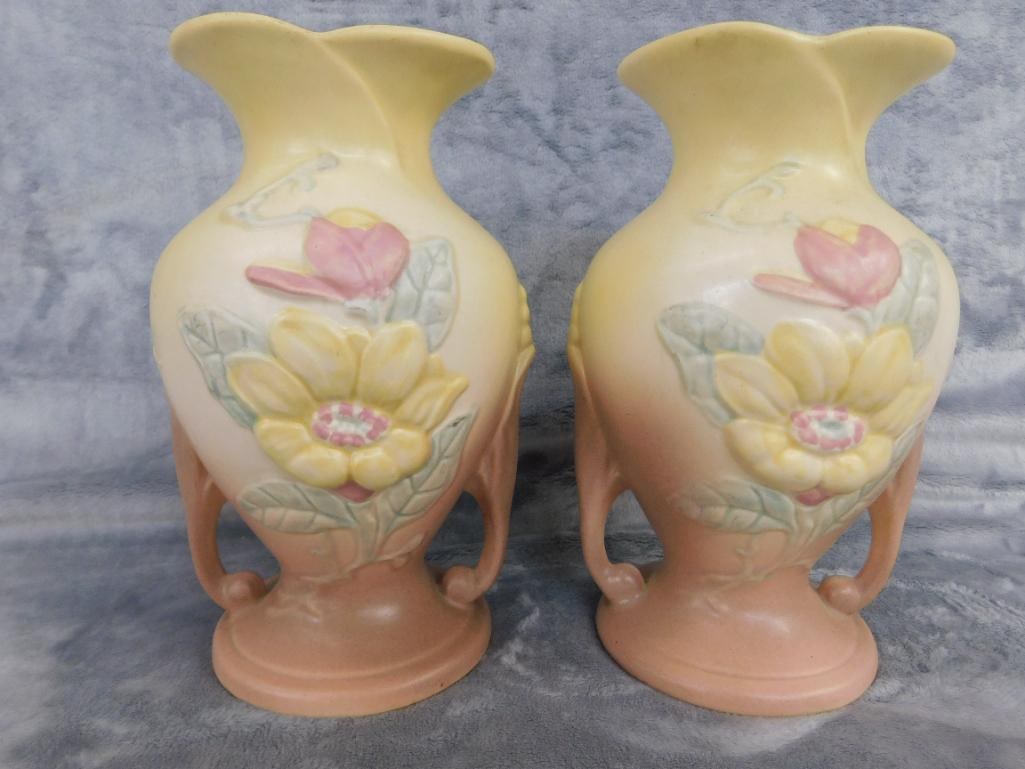 Pair of Hull Pottery Matching Double Handled Vases - Each 9" x 6" - 6
