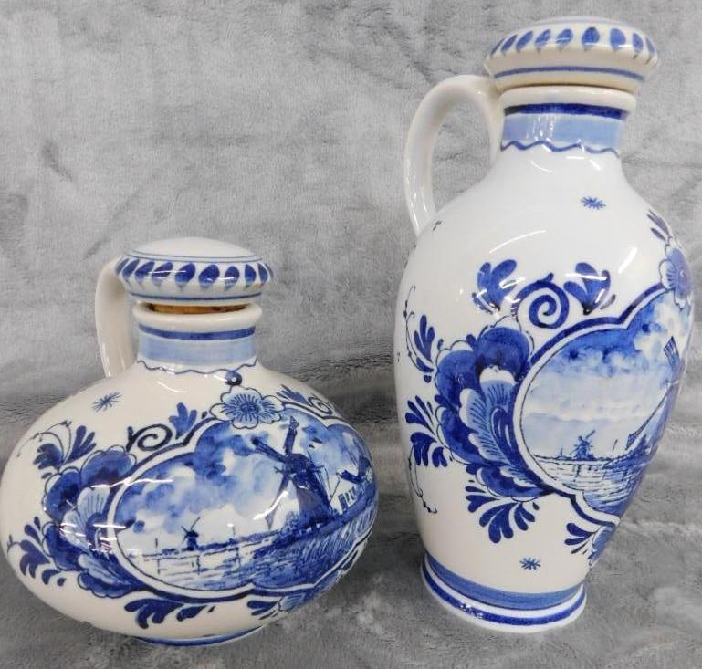 A pair of Delft Blue Handled Decanters with Stoppers - Bols - 5" and 8" Tall: See Photos For Description and Condition
