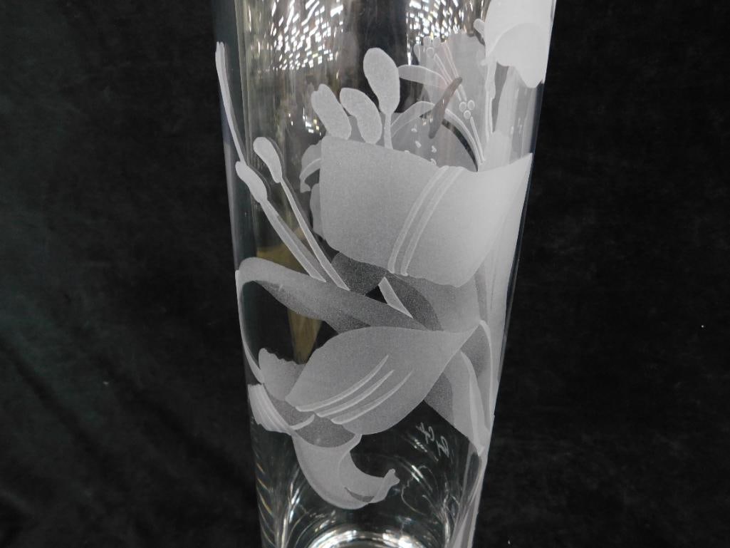 Deep Etched Glass Vase - Signed Perry Coyle - Lilies - 17" x 4.75" - 2