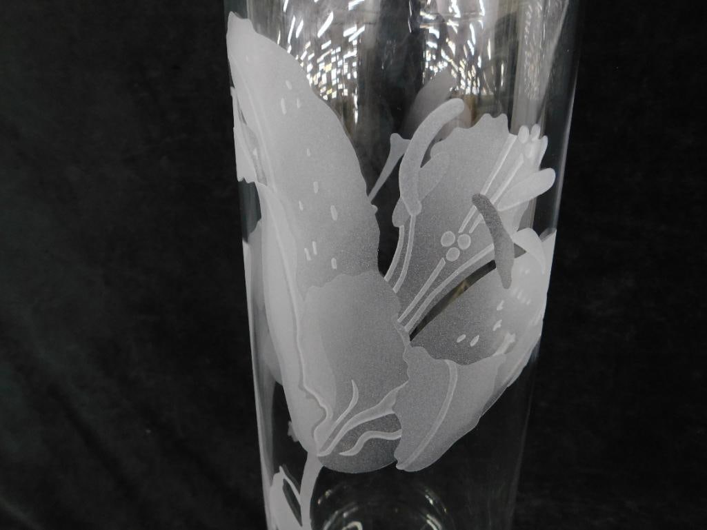 Deep Etched Glass Vase - Signed Perry Coyle - Lilies - 17" x 4.75" - 3