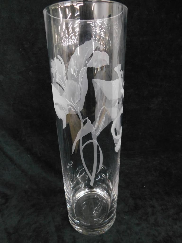 Deep Etched Glass Vase - Signed Perry Coyle - Lilies - 17" x 4.75" - 5
