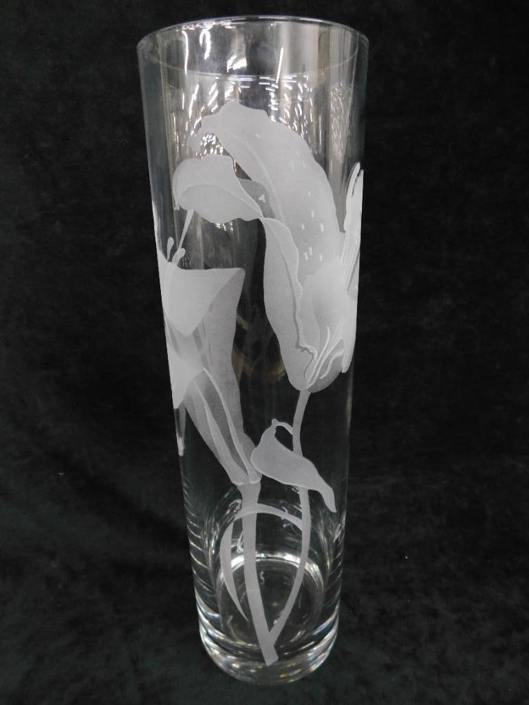 Deep Etched Glass Vase - Signed Perry Coyle - Lilies - 17" x 4.75" - 6
