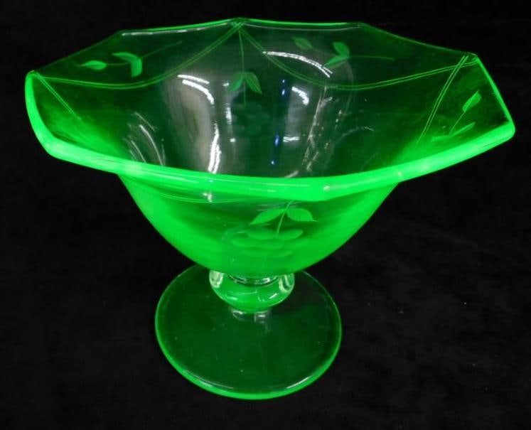 Vaseline / Uranium Glass Footed Bowl - 4.75" x 6": See Photos For Description and Condition