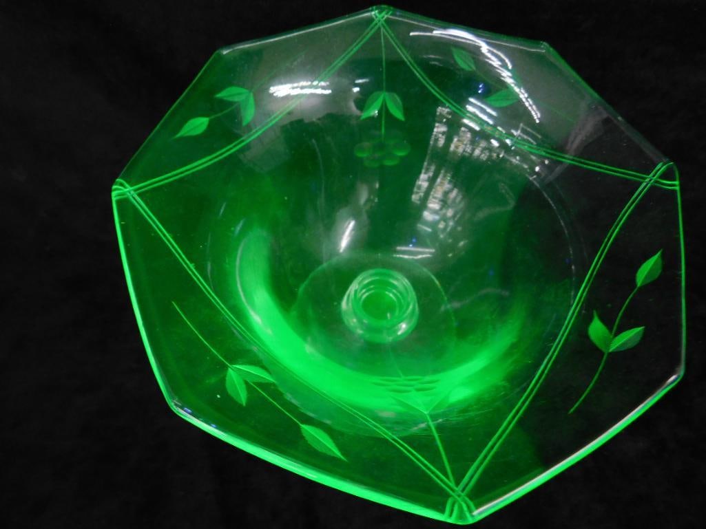 Vaseline / Uranium Glass Footed Bowl - 4.75" x 6" - 2