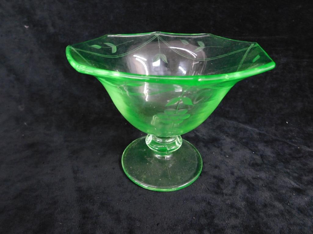 Vaseline / Uranium Glass Footed Bowl - 4.75" x 6" - 3
