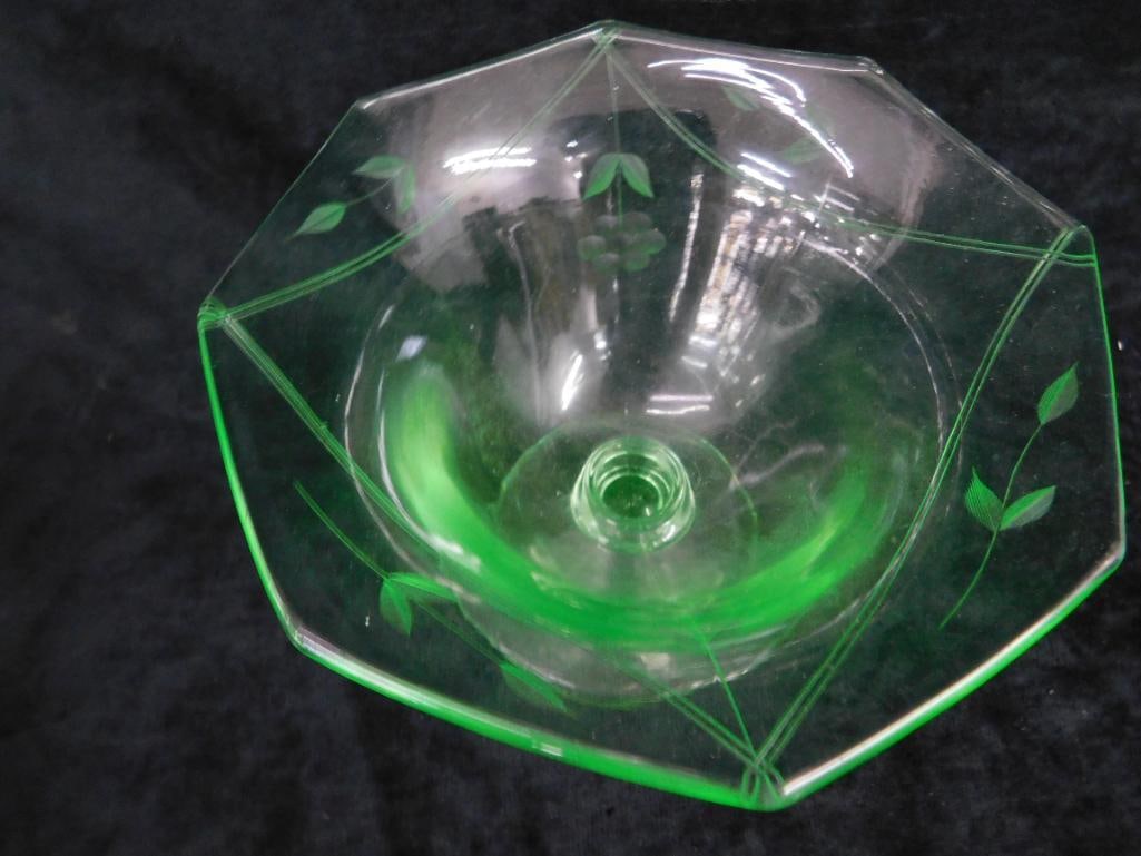 Vaseline / Uranium Glass Footed Bowl - 4.75" x 6" - 4