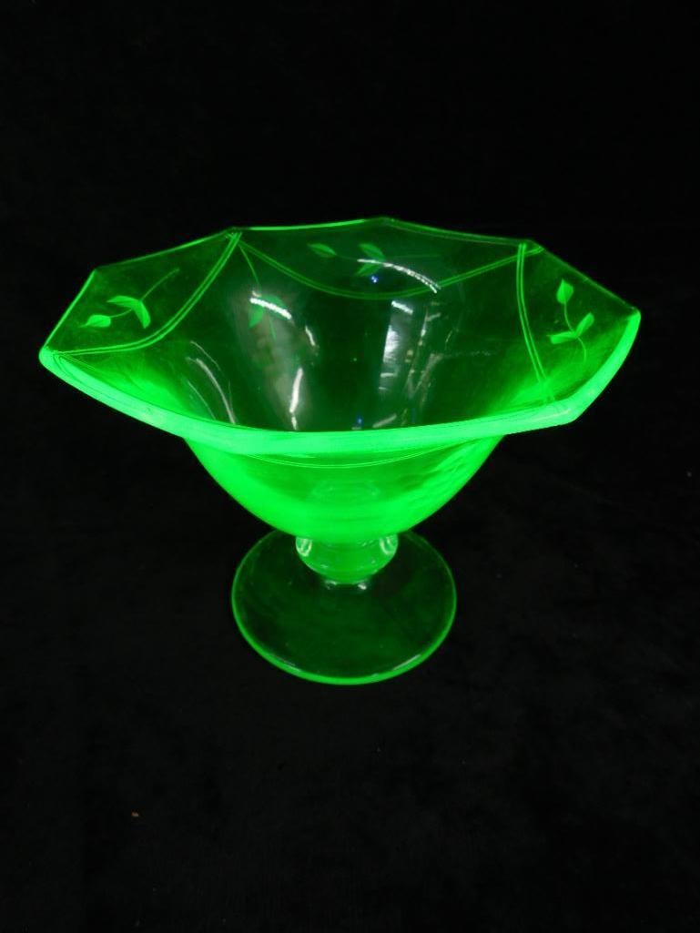 Vaseline / Uranium Glass Footed Bowl - 4.75" x 6" - 6