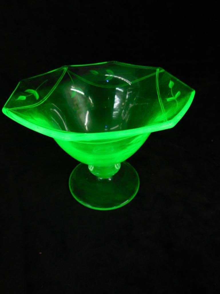 Vaseline / Uranium Glass Footed Bowl - 4.75" x 6" - 7