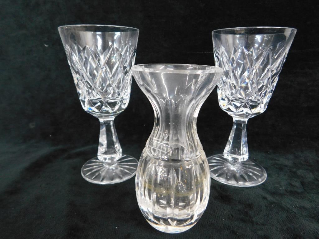 Waterford Crystal - 2-4 7/8" Claret Wine Glasses - 1-4" Mini Vase - Kinsale Pattern - 7