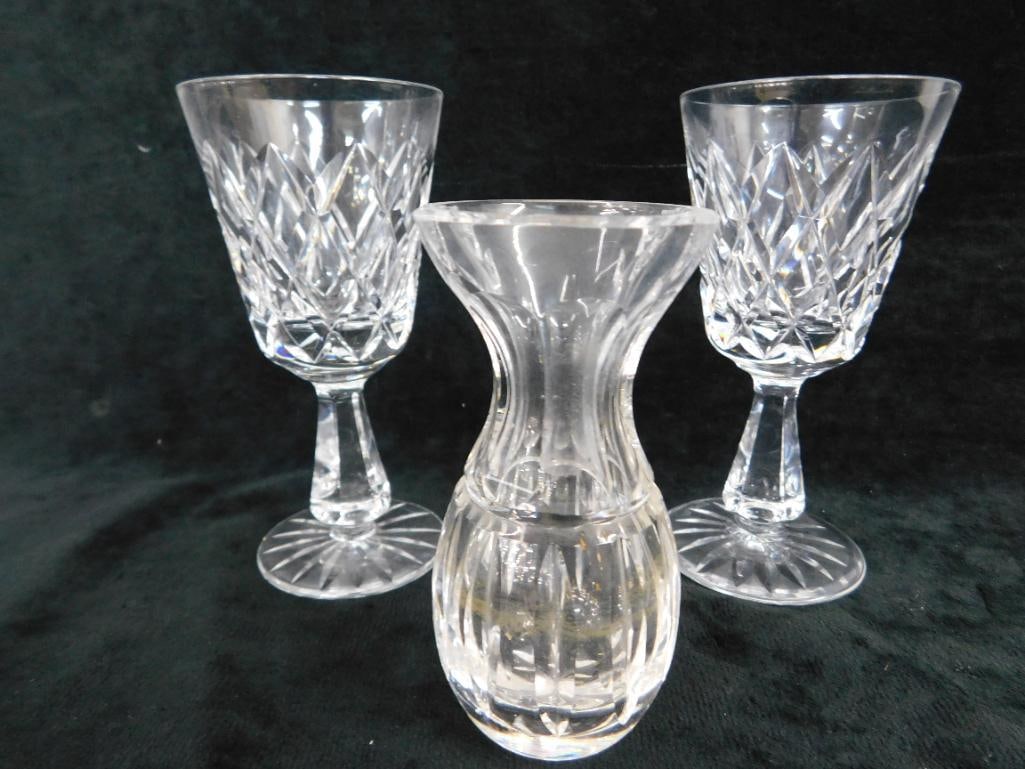 Waterford Crystal - 2-4 7/8" Claret Wine Glasses - 1-4" Mini Vase - Kinsale Pattern - 8