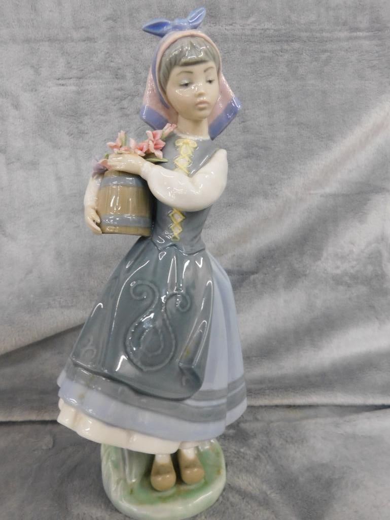 Lladro Porcelain Figure - #1416 - "Girl with Bucket of Flowers" - 10.5" x 4.5" x 5" - 10