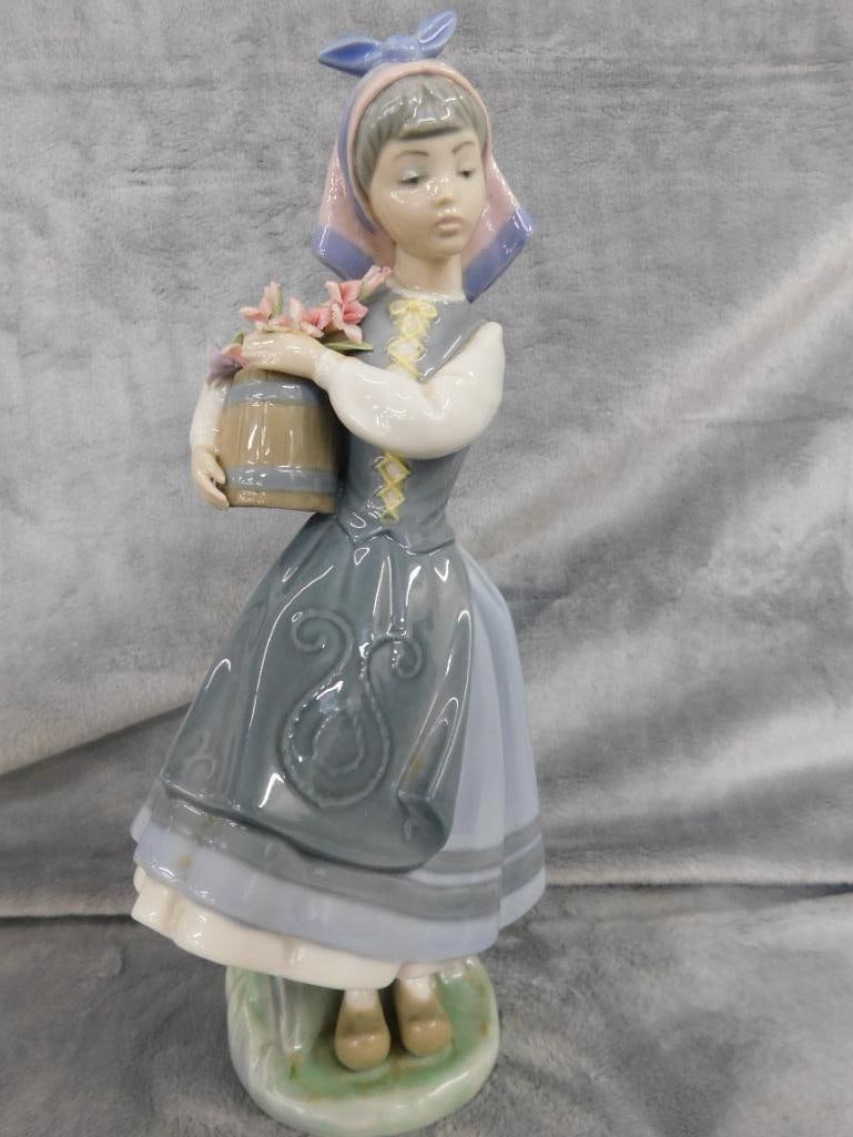 Lladro Porcelain Figure - #1416 - "Girl with Bucket of Flowers" - 10.5" x 4.5" x 5" - 11
