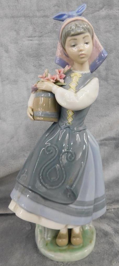 Lladro Porcelain Figure - #1416 - "Girl with Bucket of Flowers" - 10.5" x 4.5" x 5": See Photos For Description and Condition