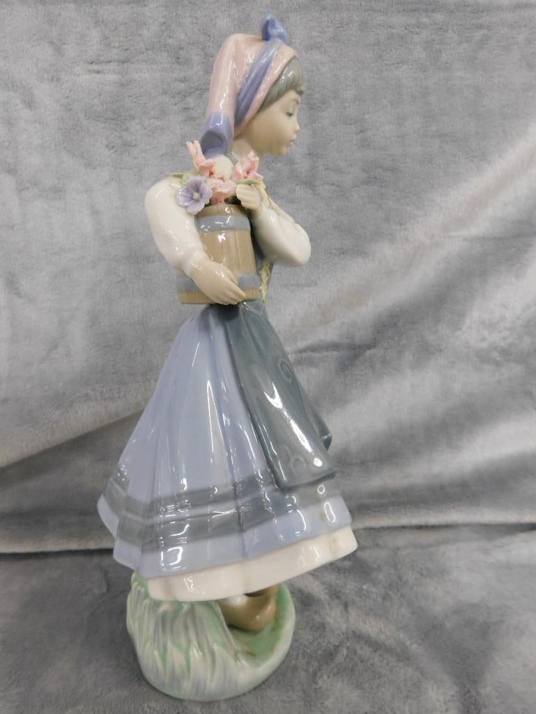 Lladro Porcelain Figure - #1416 - "Girl with Bucket of Flowers" - 10.5" x 4.5" x 5" - 2