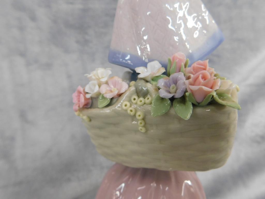 Lladro Porcelain Figure - Girl With Flower Basket Off Shoulder - 10.5" x 4.5" x 4" - 4