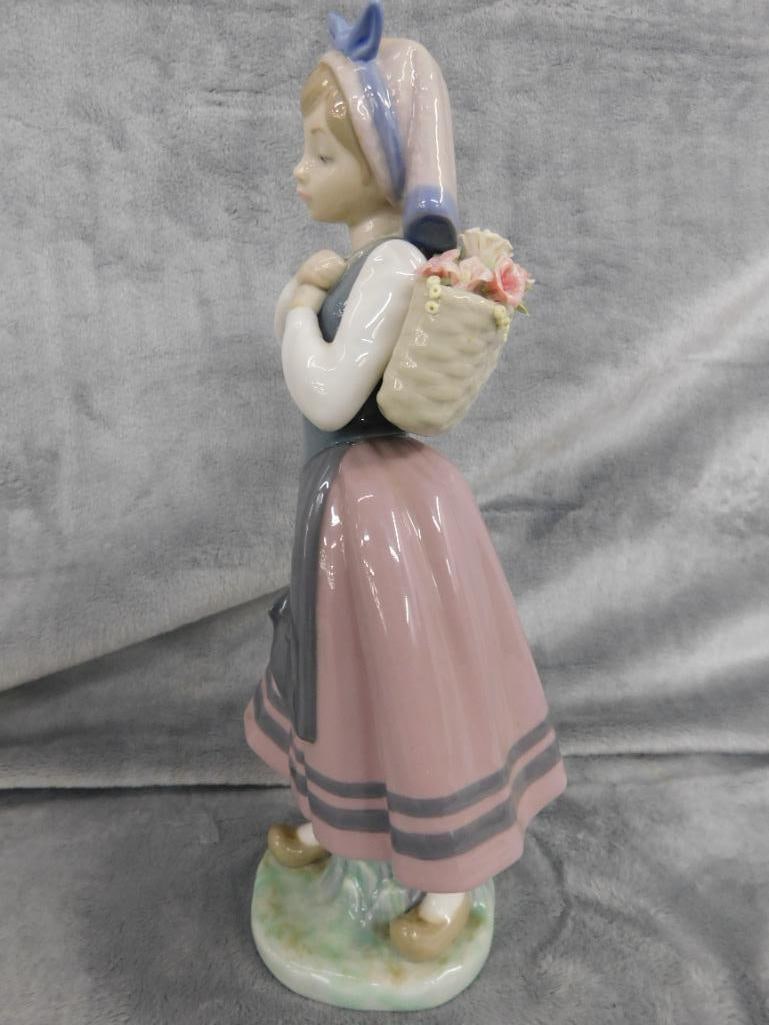 Lladro Porcelain Figure - Girl With Flower Basket Off Shoulder - 10.5" x 4.5" x 4" - 5