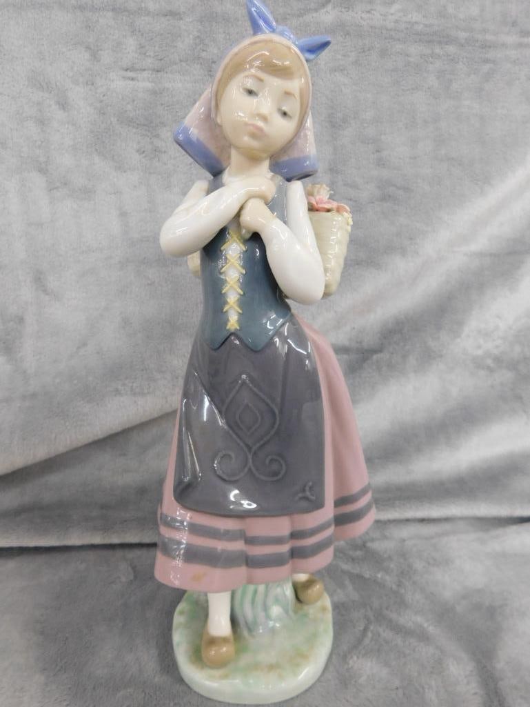 Lladro Porcelain Figure - Girl With Flower Basket Off Shoulder - 10.5" x 4.5" x 4" - 6