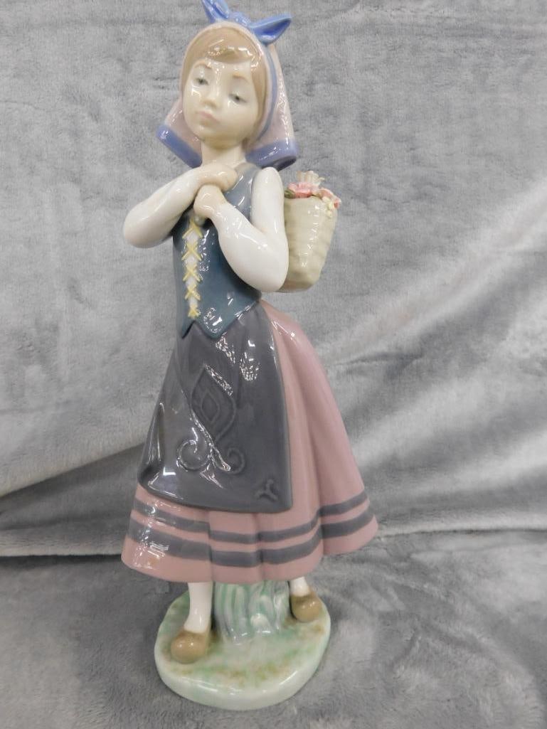 Lladro Porcelain Figure - Girl With Flower Basket Off Shoulder - 10.5" x 4.5" x 4" - 8