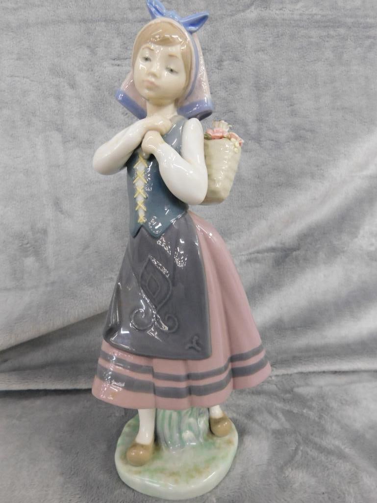 Lladro Porcelain Figure - Girl With Flower Basket Off Shoulder - 10.5" x 4.5" x 4" - 9