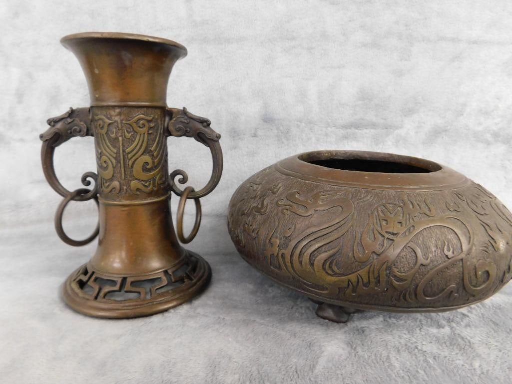 Chinese Bronze 2 Piece Vase - Signed - 9" x 7" - #1 - 4