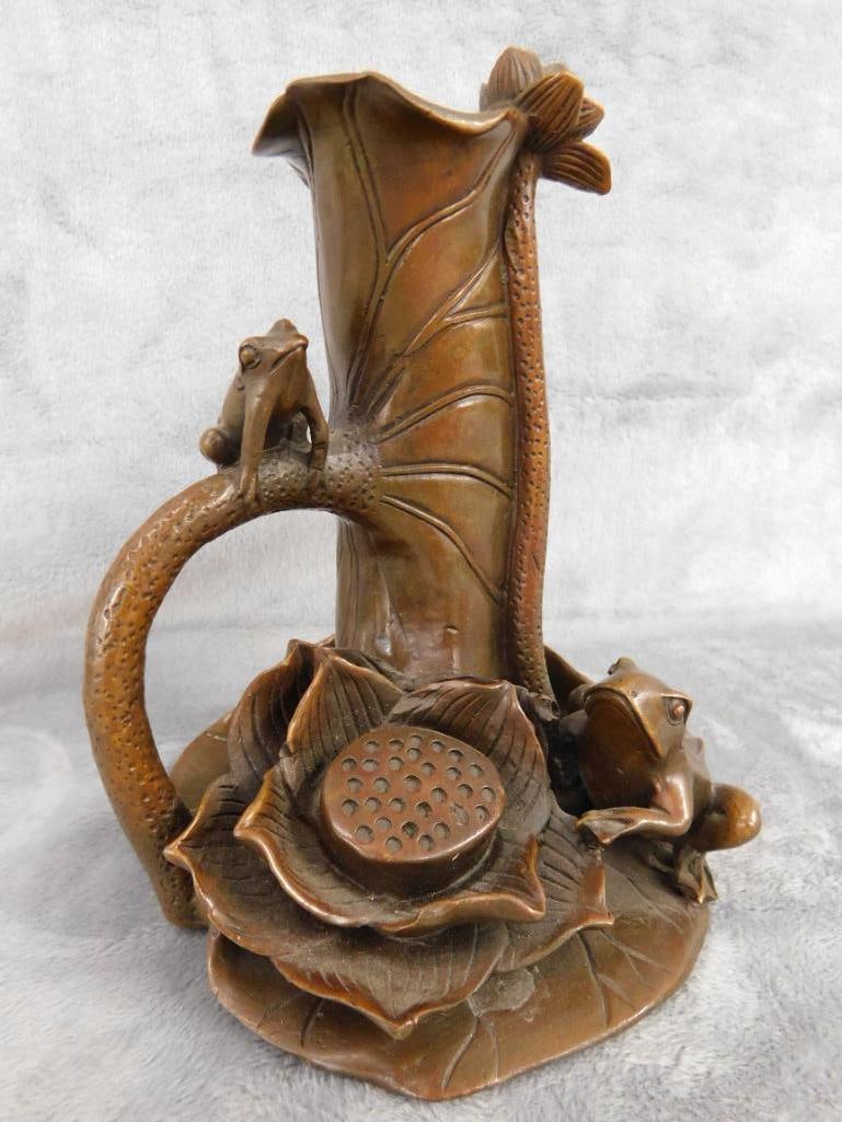 Chinese Bronze Vase - Frogs water Lilies - Unsigned - 7" x 5.25" x 5" - 10