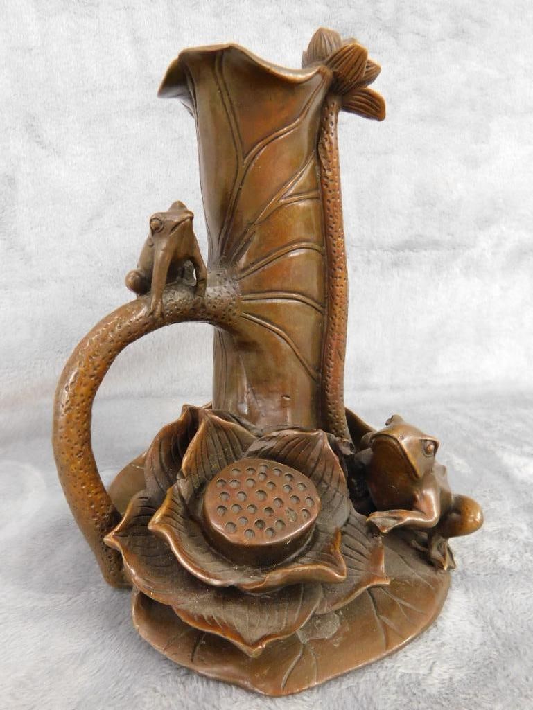 Chinese Bronze Vase - Frogs water Lilies - Unsigned - 7" x 5.25" x 5" - 11