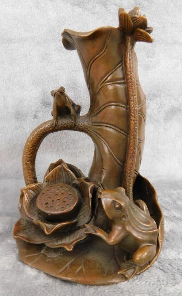 Chinese Bronze Vase - Frogs water Lilies - Unsigned - 7" x 5.25" x 5": See Photos For Description and Condition