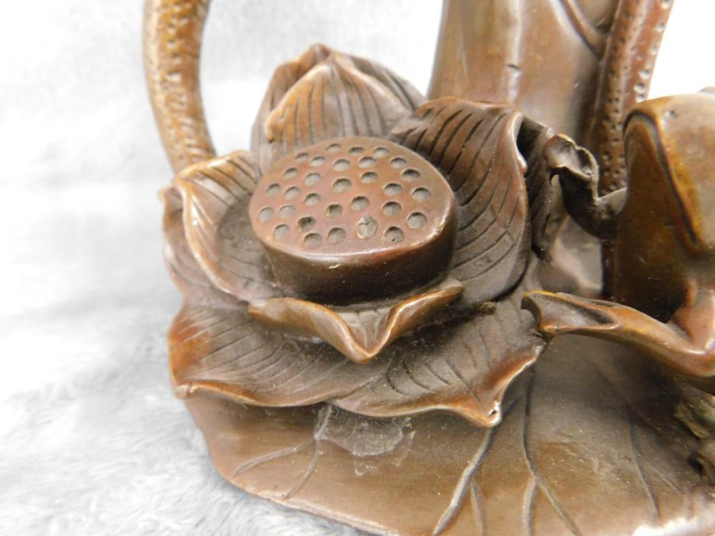 Chinese Bronze Vase - Frogs water Lilies - Unsigned - 7" x 5.25" x 5" - 2