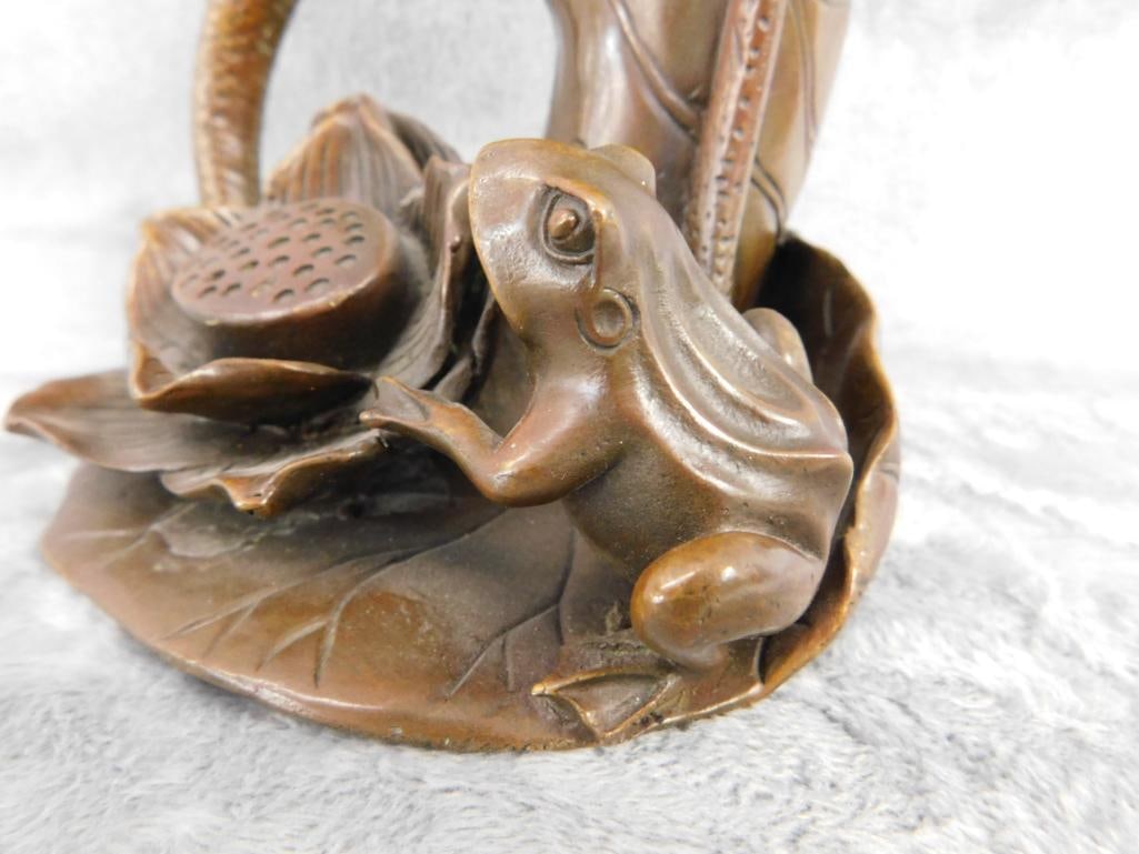 Chinese Bronze Vase - Frogs water Lilies - Unsigned - 7" x 5.25" x 5" - 3