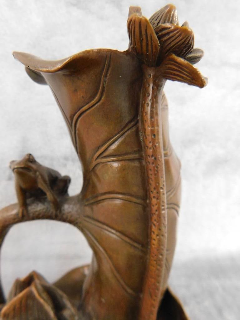 Chinese Bronze Vase - Frogs water Lilies - Unsigned - 7" x 5.25" x 5" - 4