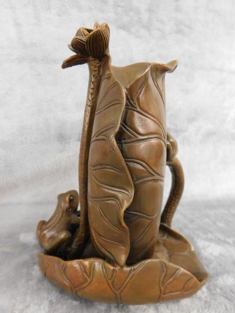 Chinese Bronze Vase - Frogs water Lilies - Unsigned - 7" x 5.25" x 5" - 7