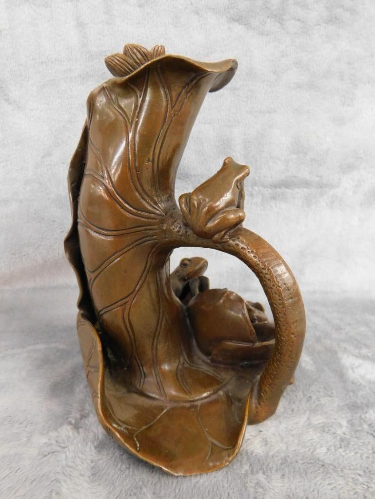 Chinese Bronze Vase - Frogs water Lilies - Unsigned - 7" x 5.25" x 5" - 8