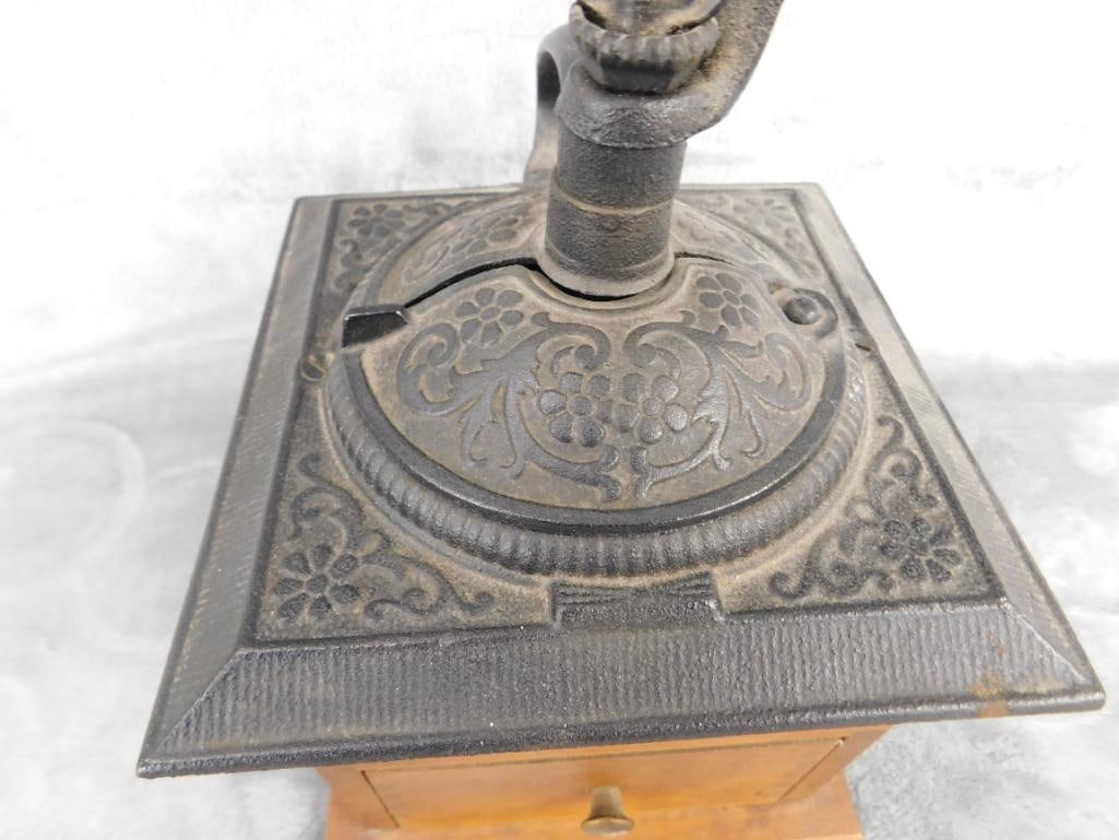 Vintage Wood and Cast Metal Coffee Grinder - 10.5" x 6" x 9" - 2