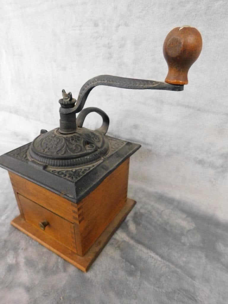 Vintage Wood and Cast Metal Coffee Grinder - 10.5" x 6" x 9" - 7