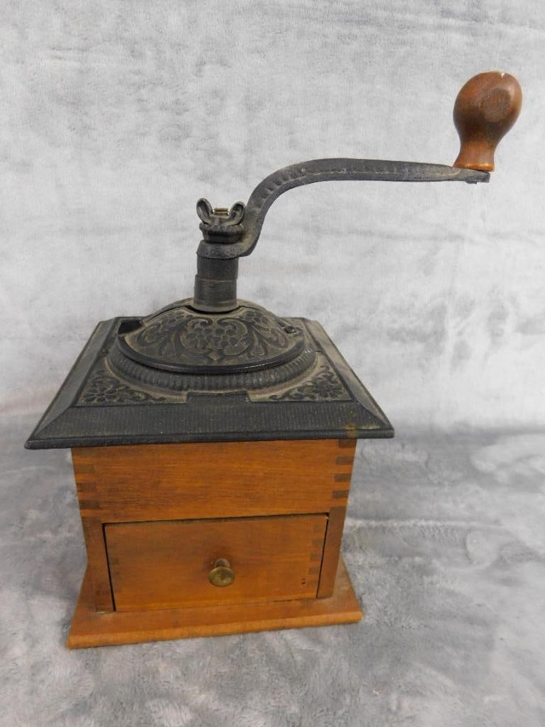 Vintage Wood and Cast Metal Coffee Grinder - 10.5" x 6" x 9" - 8