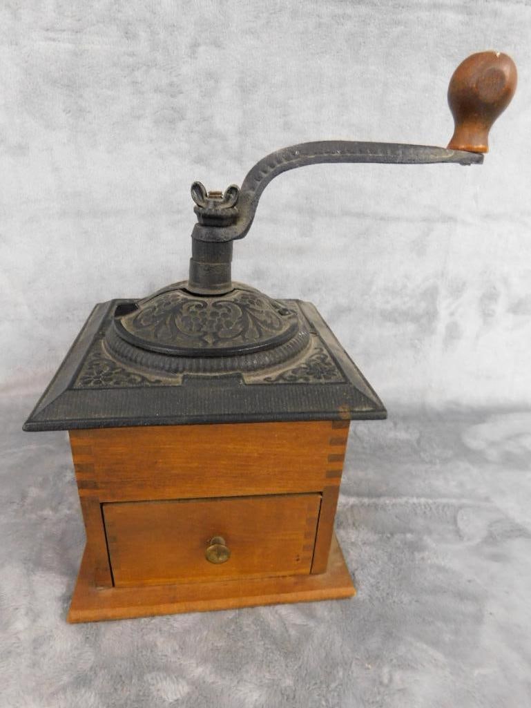 Vintage Wood and Cast Metal Coffee Grinder - 10.5" x 6" x 9" - 9