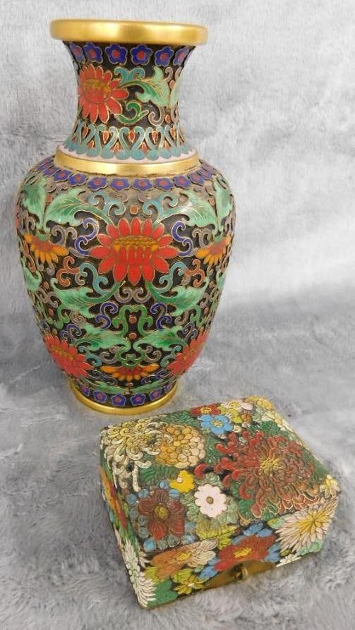 Vintage Cloisonne Vase and Trinket Box - Vase 5.5" x 3.5" - Box 1.25" x 2.5" x 2": See Photos For Description and Condition