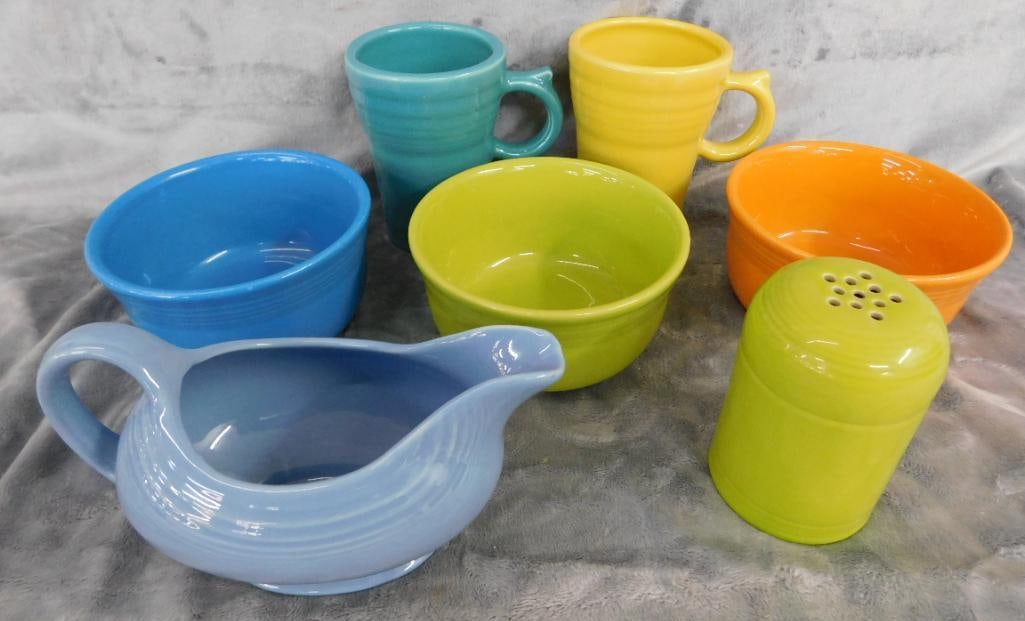 Fiesta Ware - 2 Large Mugs - Gravy Boat - 3-6" x 3" Bowls - Sugar Shaker: See Photos For Description and Condition