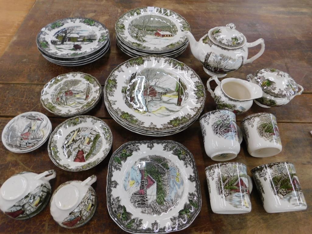 30 Piece Johnson Bros. "Friendly Village" Plateware Set - Couple Chips Here and There: Lid To Sugar Has Been Repaired - See Photos For Description and Condition