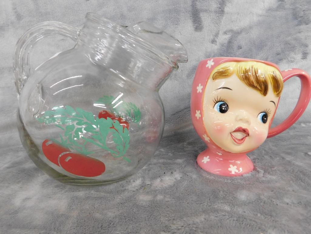 Vintage Glass Juice Pitcher - "Miss Cutie Pie" Mug - 10