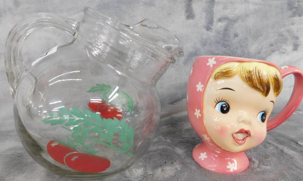 Vintage Glass Juice Pitcher - "Miss Cutie Pie" Mug: See Photos For Description and Condition