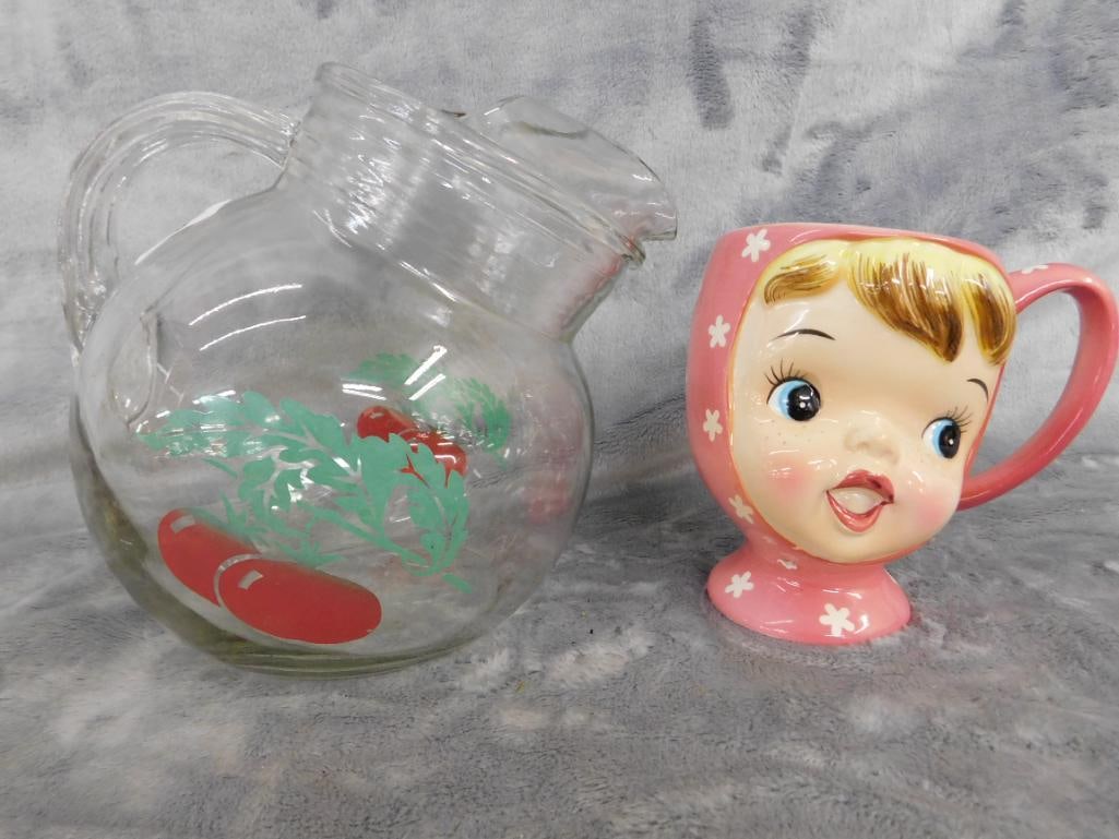 Vintage Glass Juice Pitcher - "Miss Cutie Pie" Mug - 9