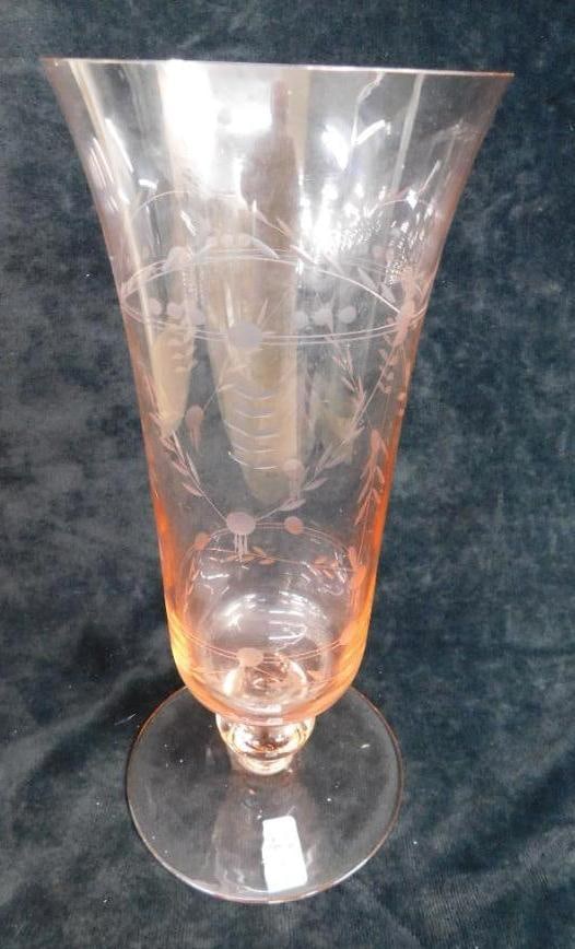Etched Pink Depression Glass Footed Vase - 11" x 5": See Photos For Description and Condition