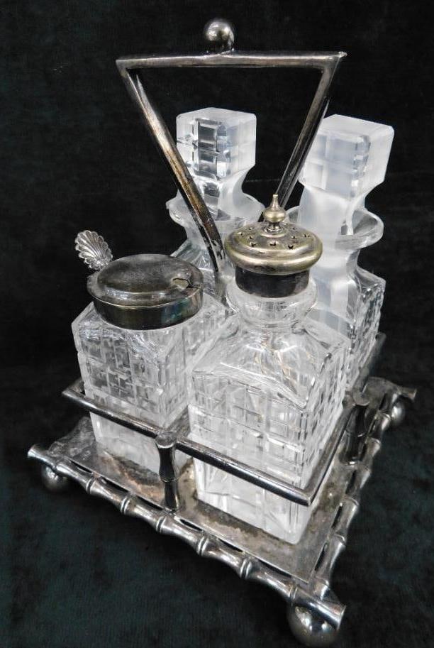 Metal And Glass Sheffield James Deakin Condiment Caddy - 8" x 6" x 6": See Photos For Description and Condition