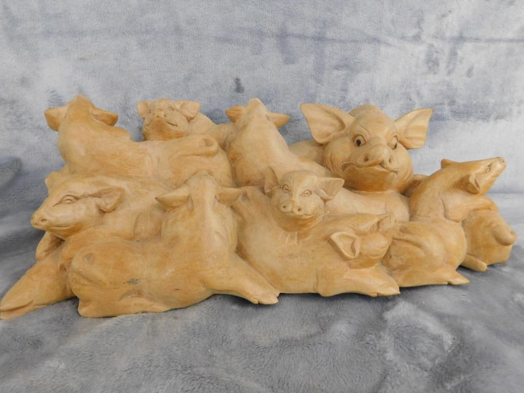 Carved Wood Pigs and Piglets Statue - 4.5" x 15" x 6" - 10