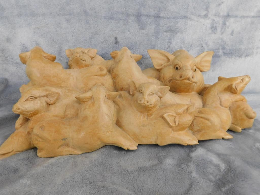 Carved Wood Pigs and Piglets Statue - 4.5" x 15" x 6" - 11