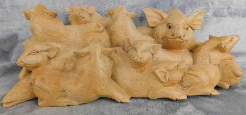 Carved Wood Pigs and Piglets Statue - 4.5" x 15" x 6": See Photos For Description and Condition