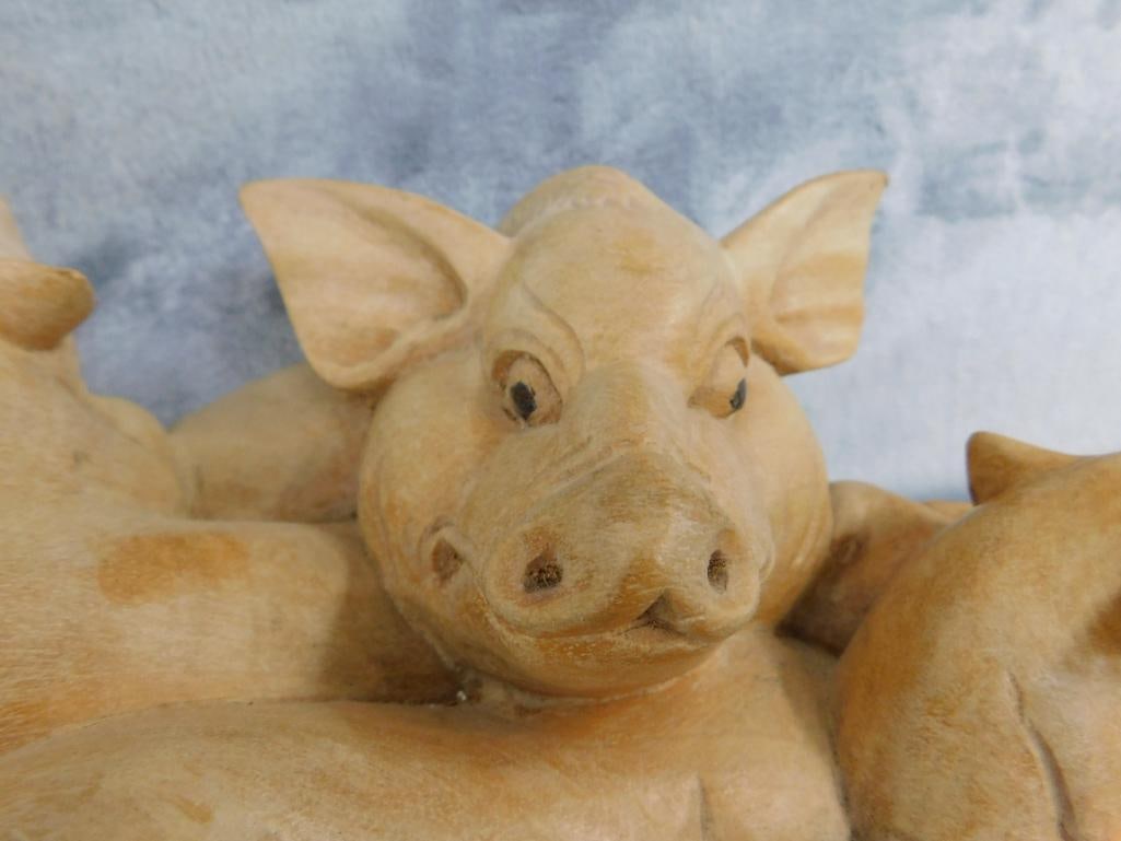 Carved Wood Pigs and Piglets Statue - 4.5" x 15" x 6" - 2