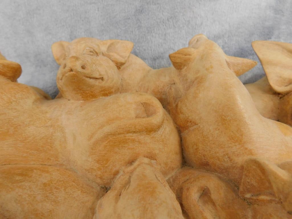 Carved Wood Pigs and Piglets Statue - 4.5" x 15" x 6" - 3