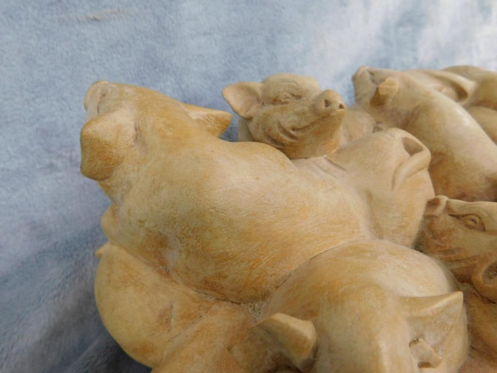 Carved Wood Pigs and Piglets Statue - 4.5" x 15" x 6" - 4